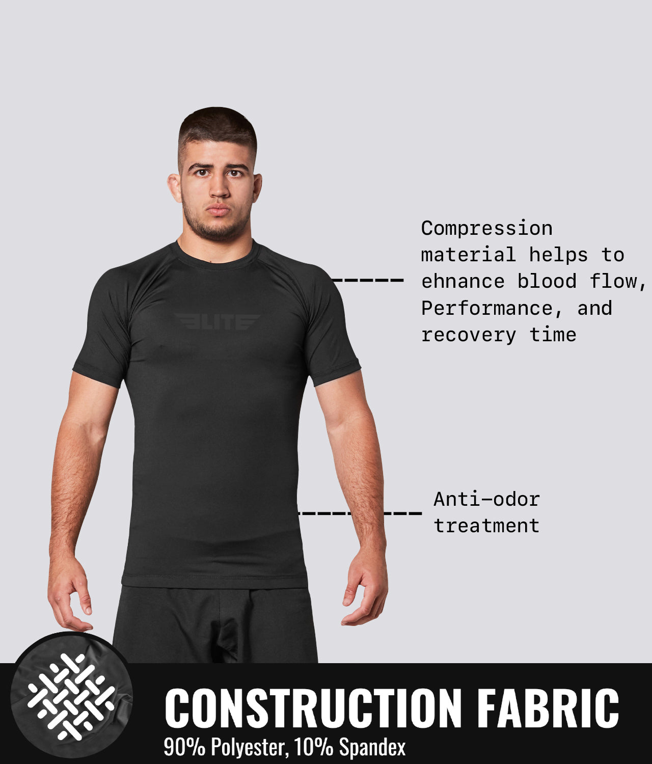 Elite Sports Men's Standard Black Short Sleeve Jiu Jitsu BJJ Rash Guard Construction Fabric