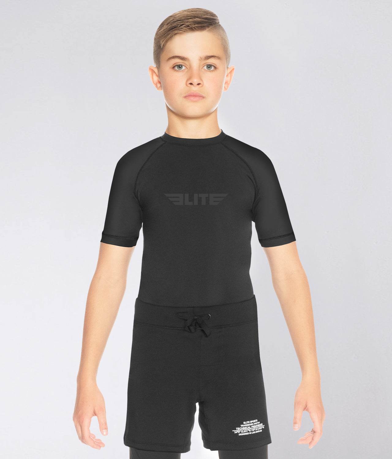 Elite Sports Kids' Standard Black Short Sleeve BJJ Rash Guard Main View 