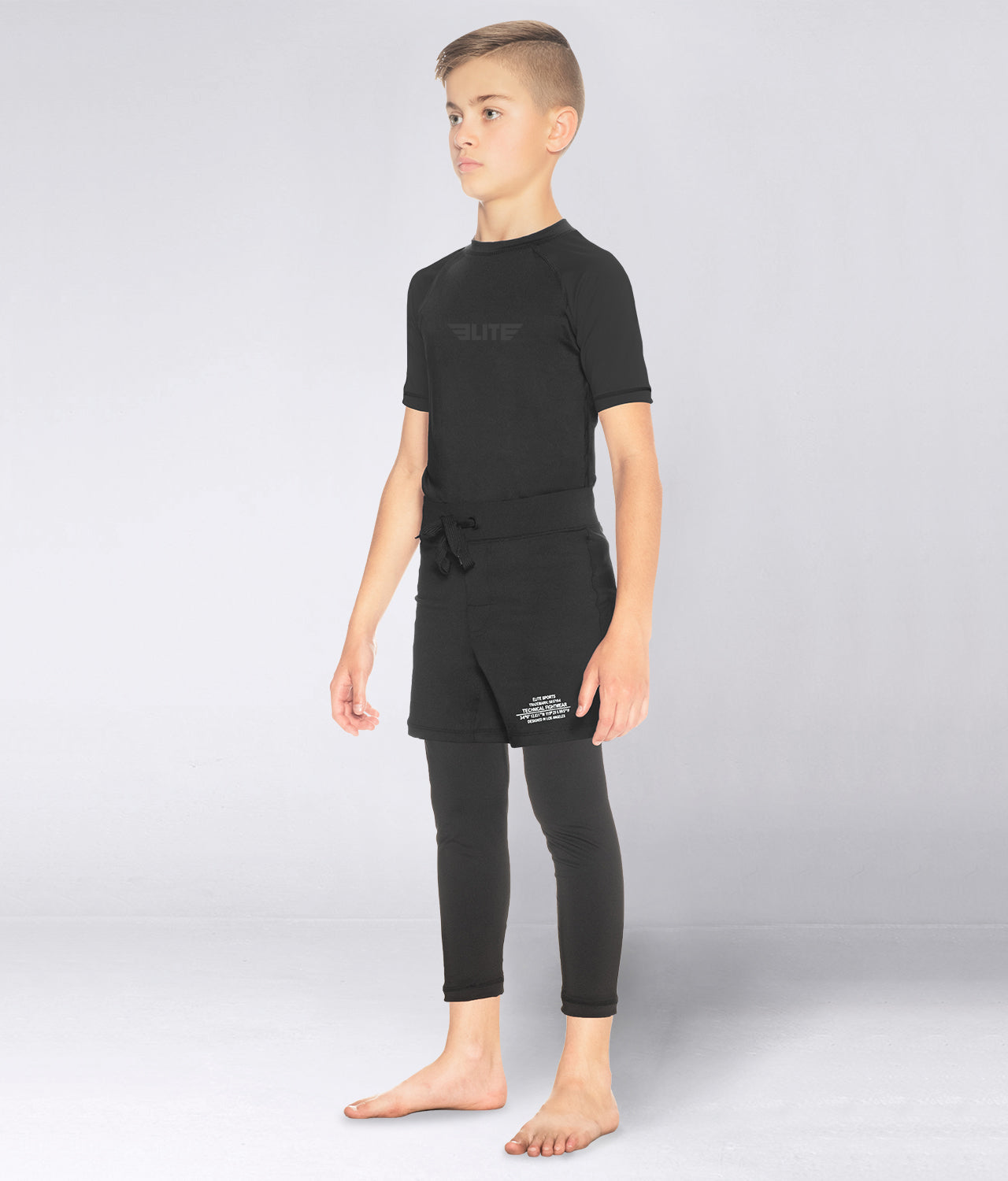 Elite Sports Kids' Standard Black Short Sleeve BJJ Rash Guard Side View