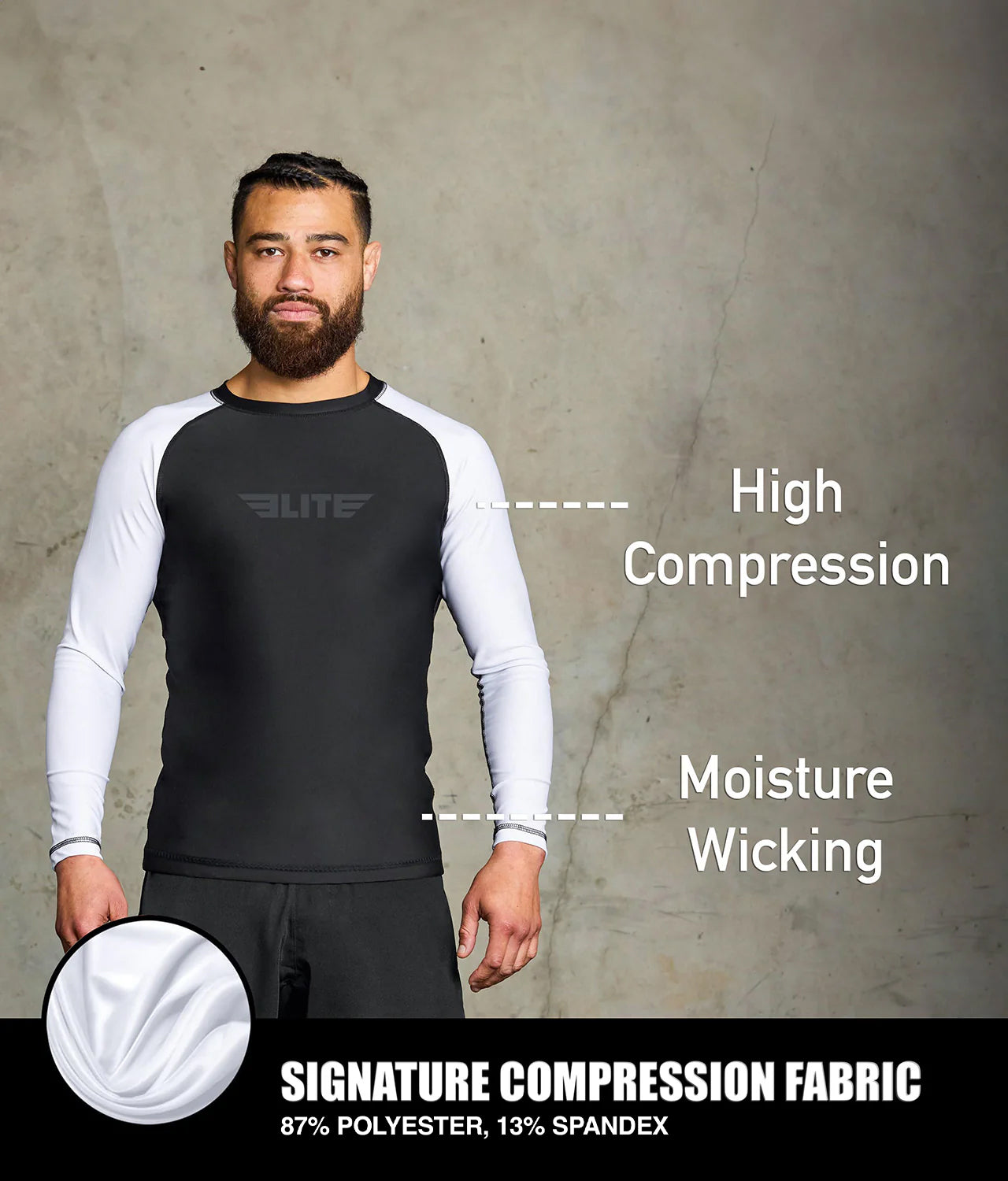 elite sports standard white long sleeve mens jiu jitsu rashguard compression fabric