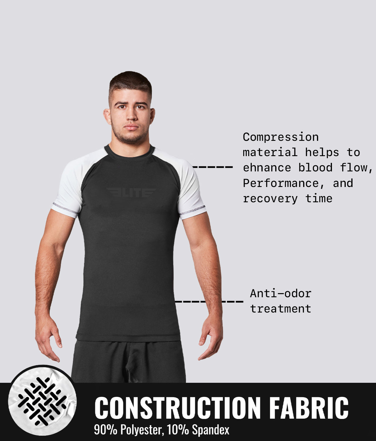 Elite Sports Men's Standard White Short Sleeve MMA Rash Guard  Construction Fabric