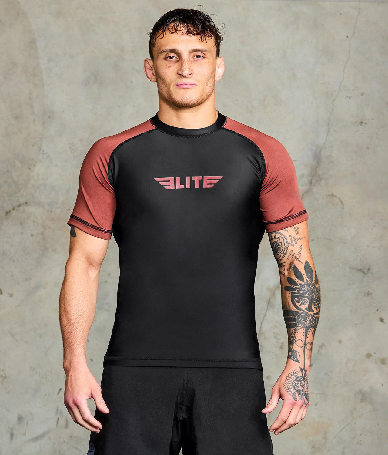 elite sports standard brown short sleeve mens mma rash guard