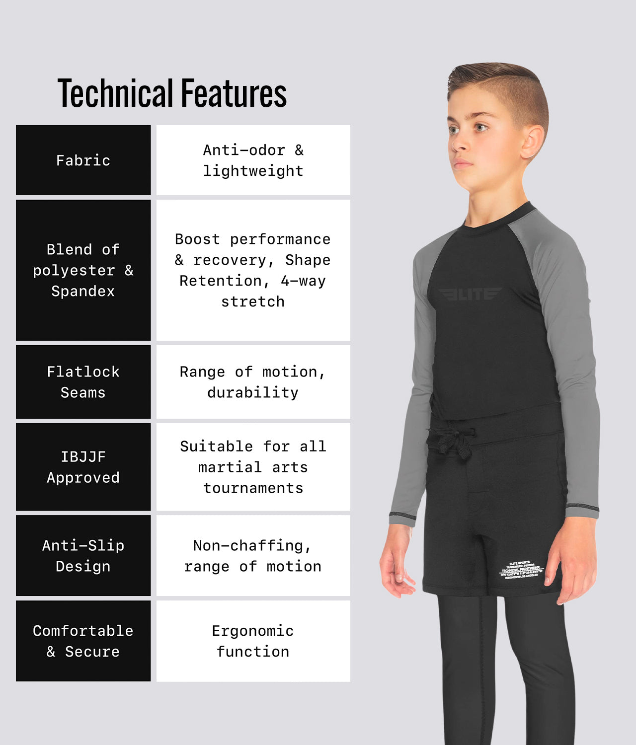 Elite Sports Kids' Standard Gray Long Sleeve Boxing Rash Guard Technical Features