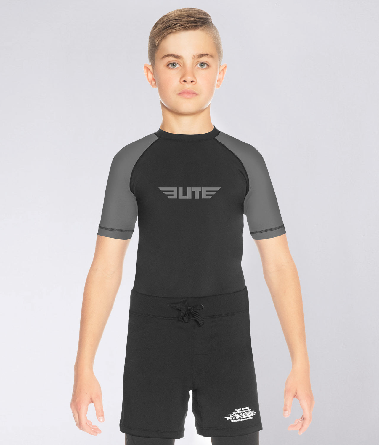 Elite Sports Kids' Standard Gray Short Sleeve BJJ Rash Guard Main View