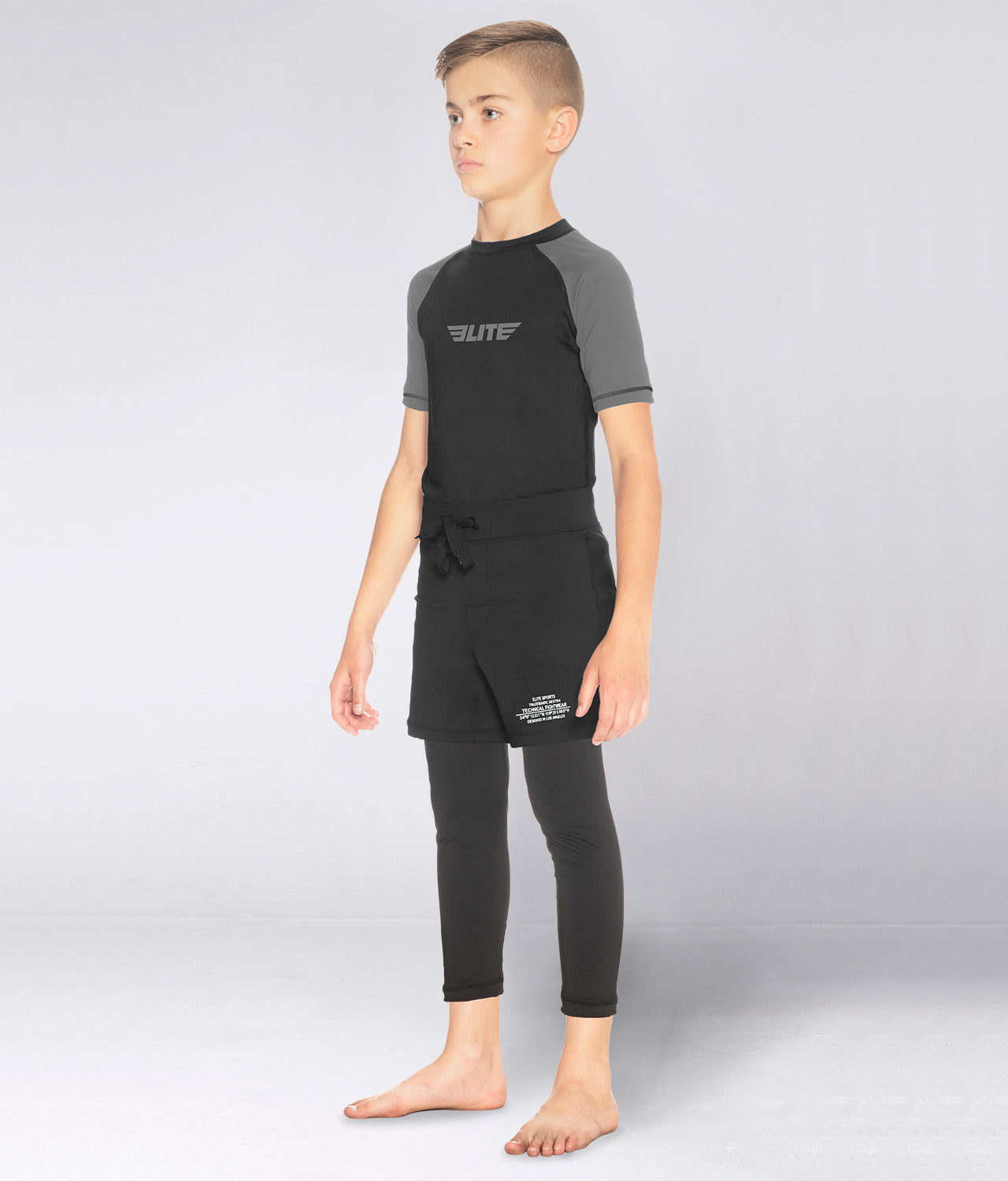 Elite Sports Kids' Standard Gray Short Sleeve BJJ Rash Guard Side View