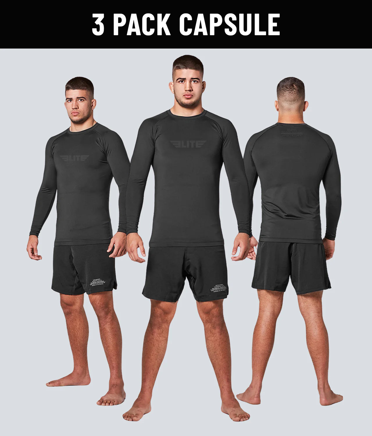 elite pack of 3 standard black long sleeve mens no-gi jiu jitsu rashguard