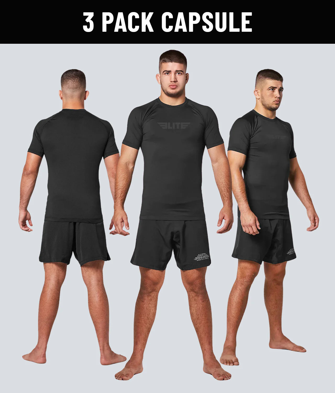 elite pack of 3 standard black short sleeve mens no-gi bjj rash guard