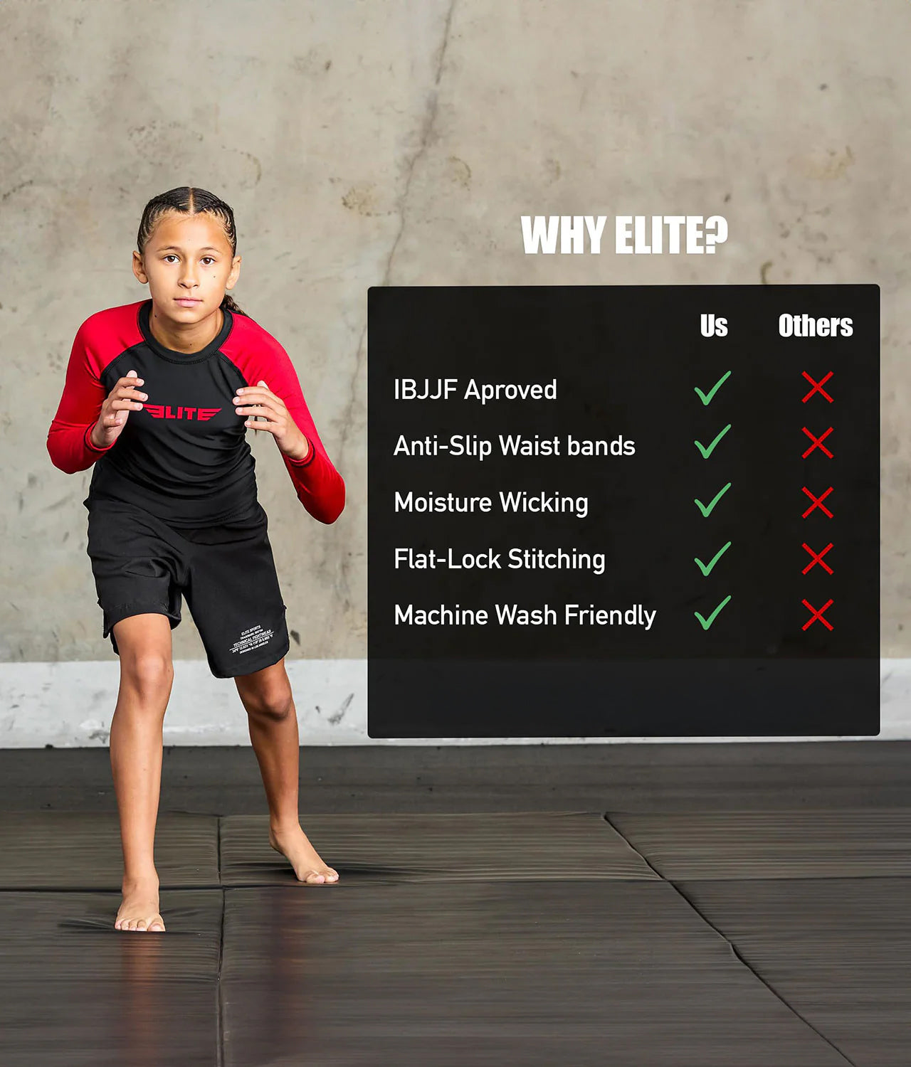 standard red long sleeve girls jiu jitsu rash guard technical features