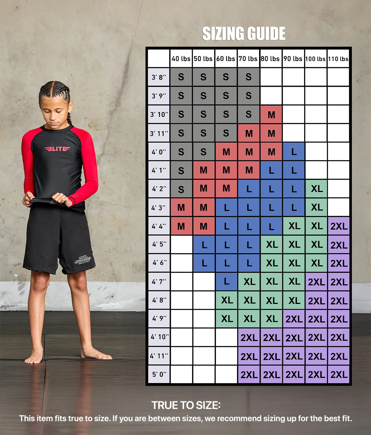 standard red long sleeve kids jiu jitsu rash guard size chart