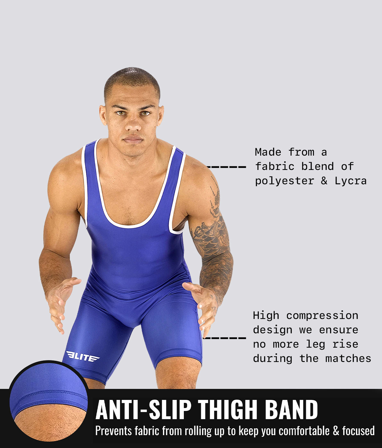 Elite Sports Adults' Standard Series Blue Wrestling Singlets Anti-Slip Thigh Band