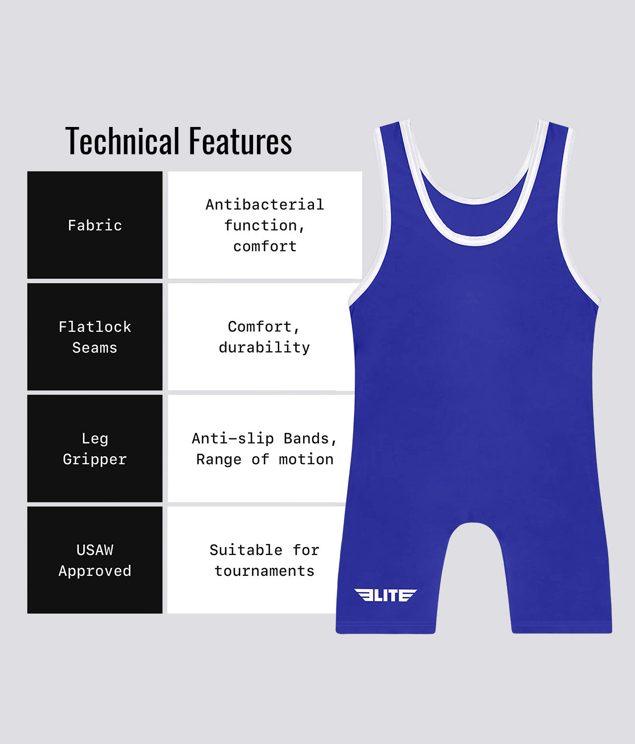 Elite Sports Adults' Standard Series Blue Wrestling Singlets Technical Features