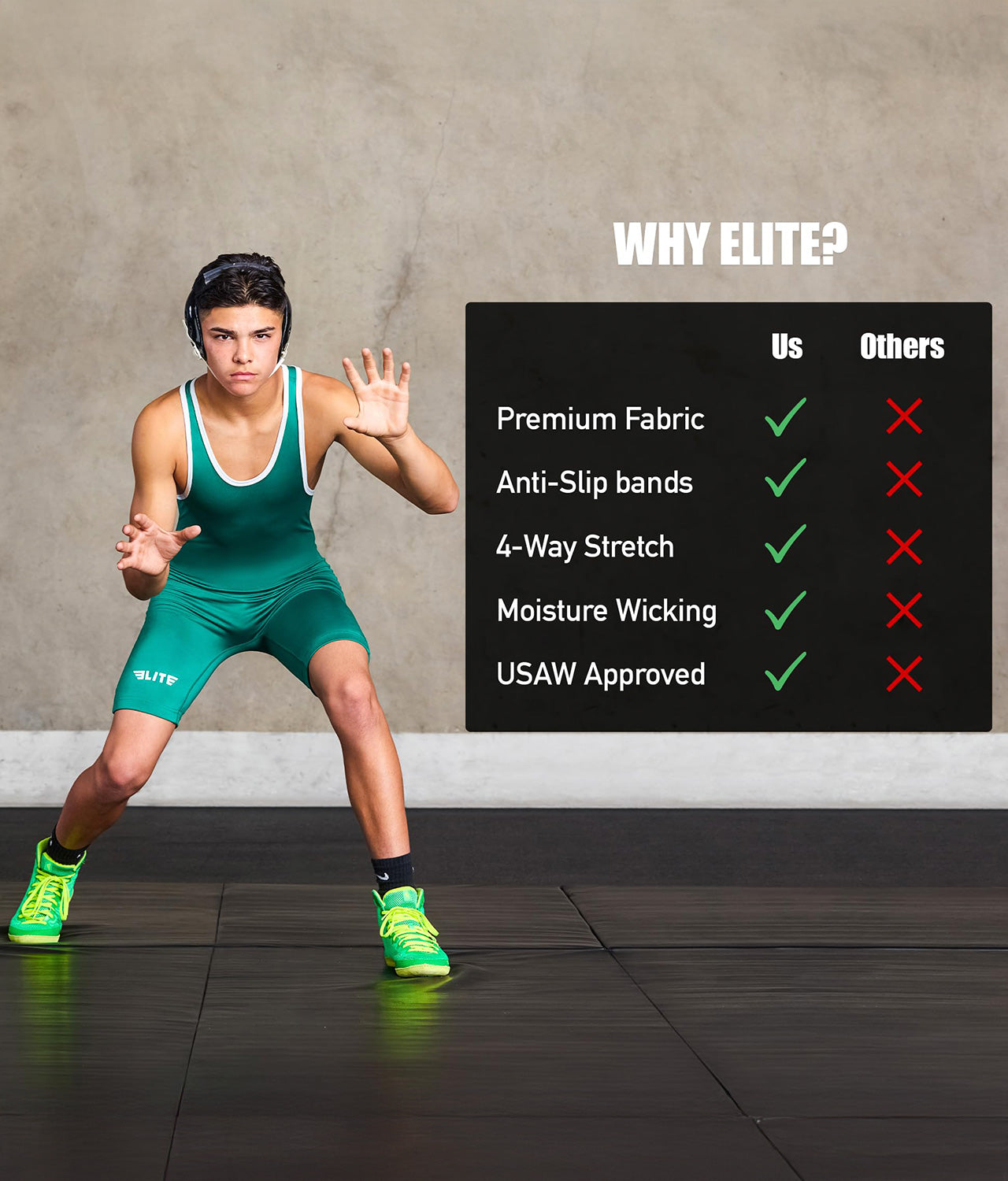 elite sports standard green mens wrestling singlet features