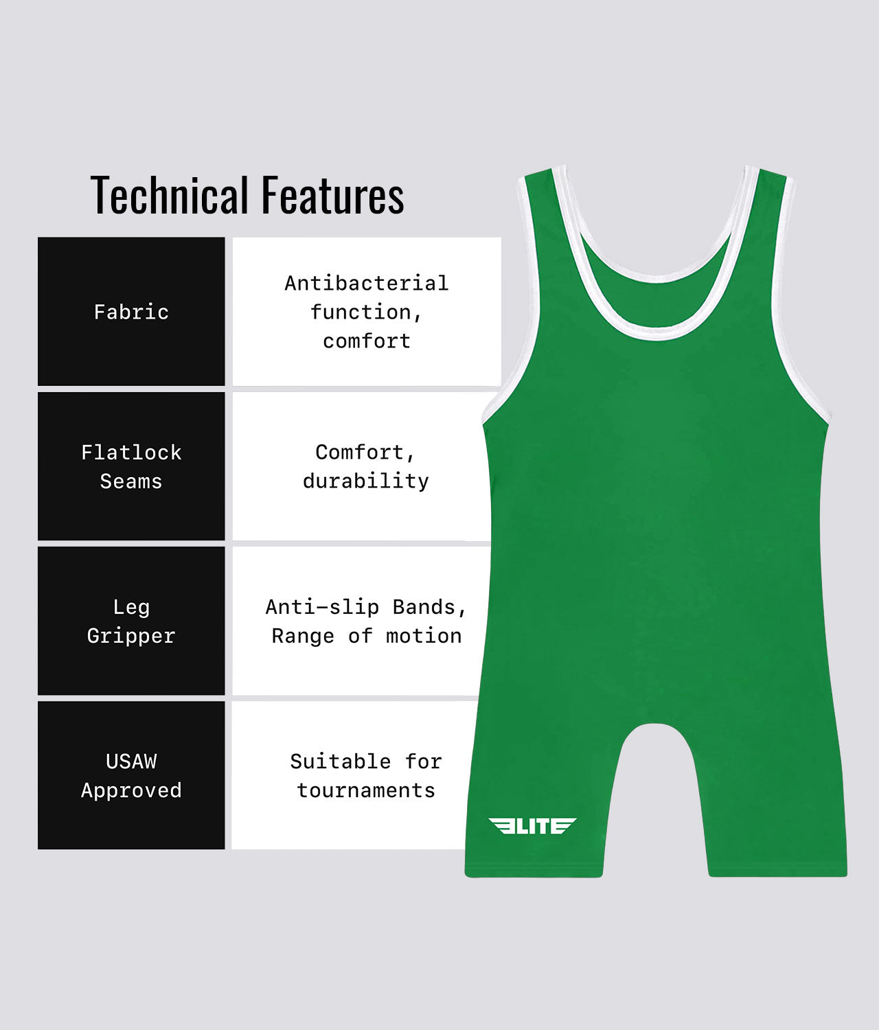 Elite Sports Adults' Standard Series Green Wrestling Singlets Technical Features
