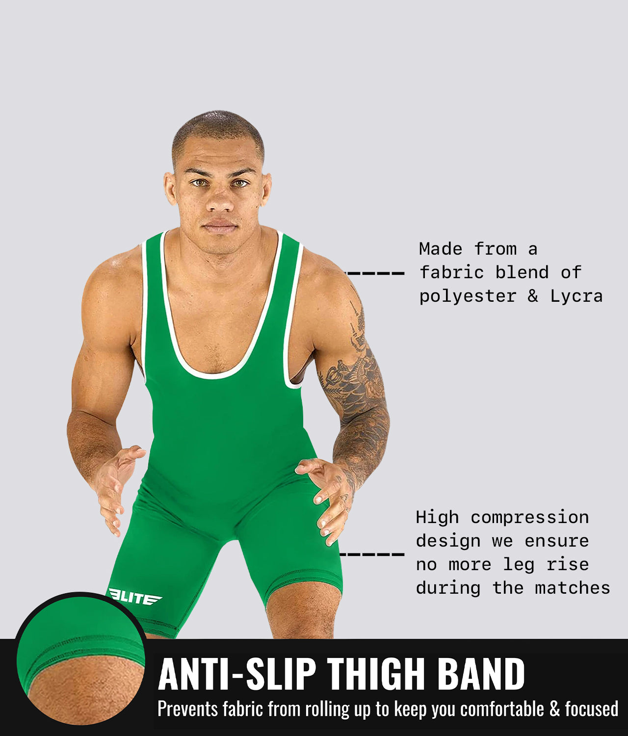 Elite Sports Adults' Standard Series Green Wrestling Singlets Anti-Slip Thigh Band