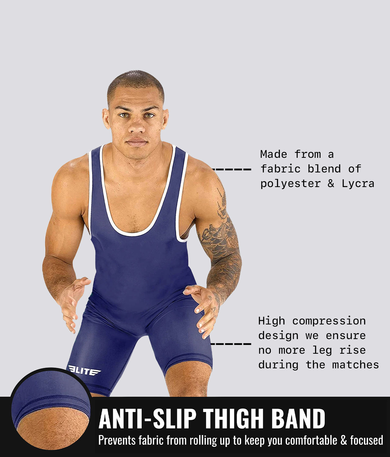 Elite Sports Adults' Standard Series Navy Wrestling Singlets Anti-Slip Thigh Band