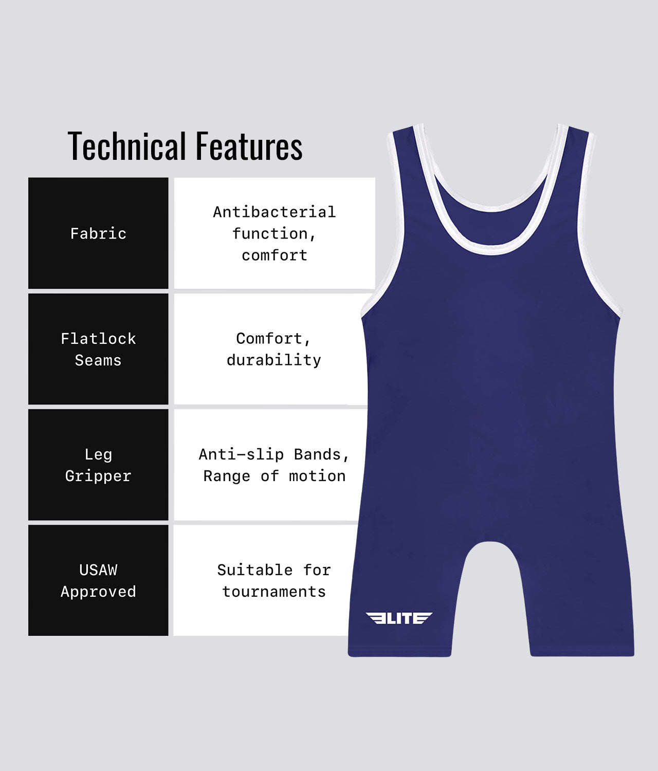 Elite Sports Adults' Standard Series Navy Wrestling Singlets Technical Features
