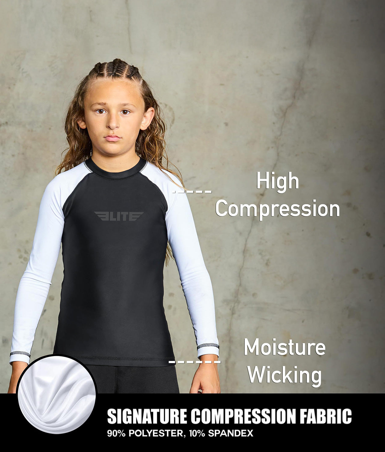 elitesports standard white long sleeve youth jiu jitsu rashguard compression fabric