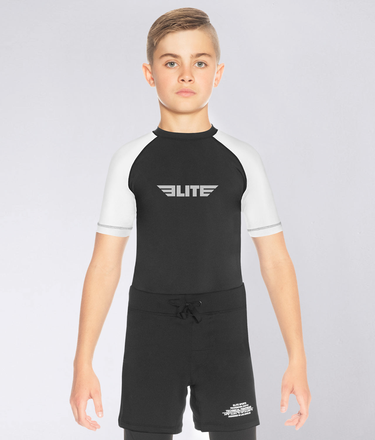 Elite Sports Kids' Standard White Short Sleeve BJJ Rash Guard Main View