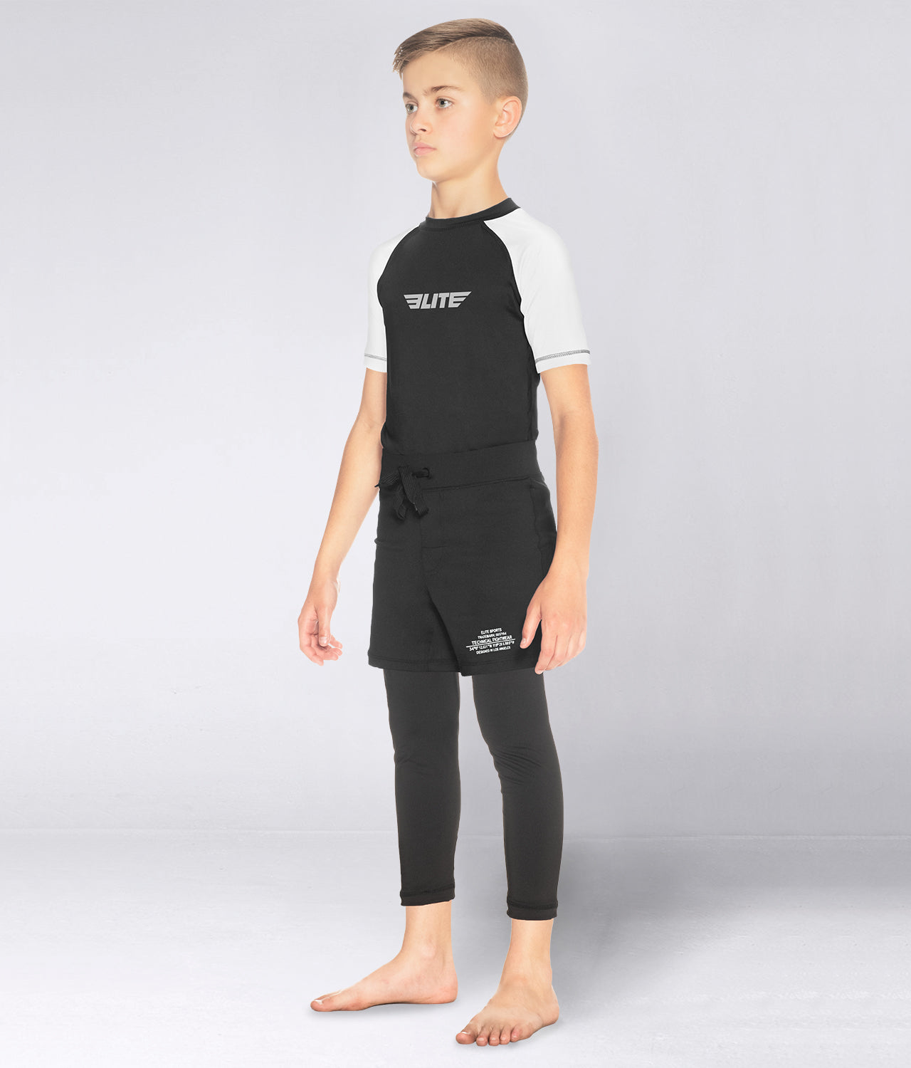 Elite Sports Kids' Standard White Short Sleeve BJJ Rash Guard Side View