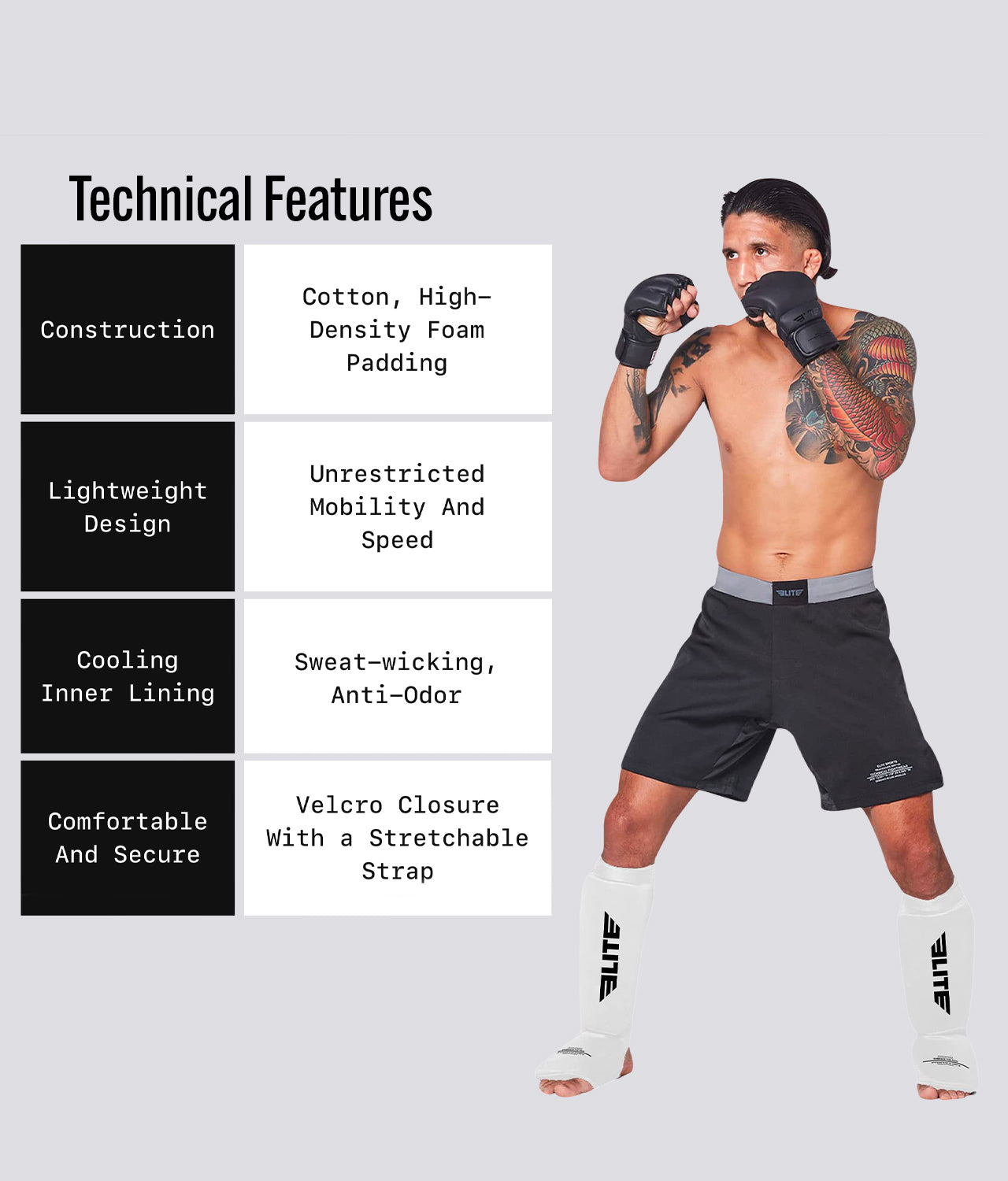 Elite Sports Adults' Standard White MMA Shin Guards Technical Features
