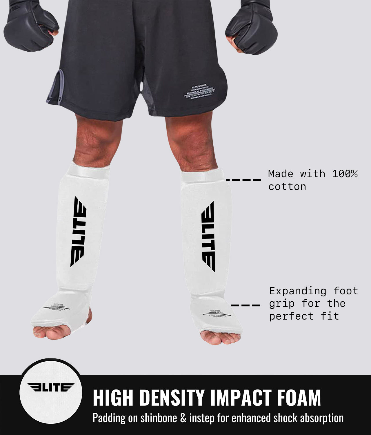 Elite Sports Adults' Standard White MMA Shin Guards High Density Impact Foam
