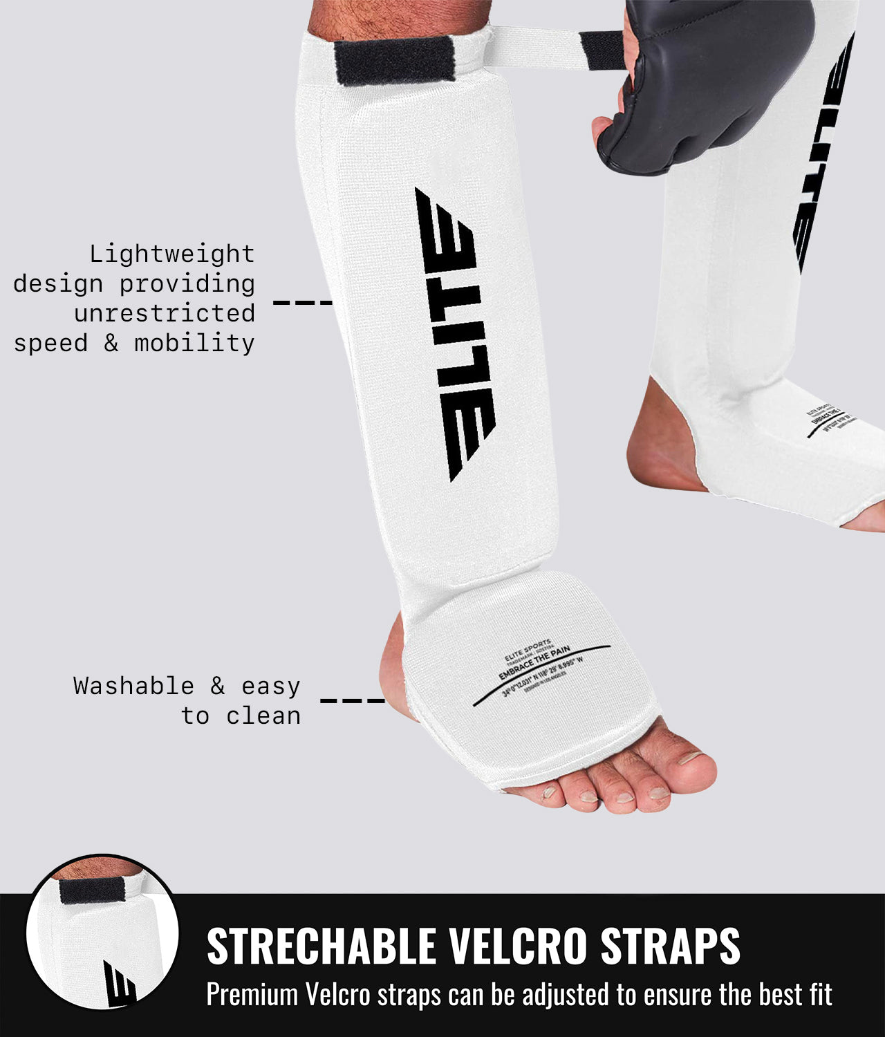 Elite Sports Adults' Standard White Muay Thai Shin Guards Strechable Velcro Straps