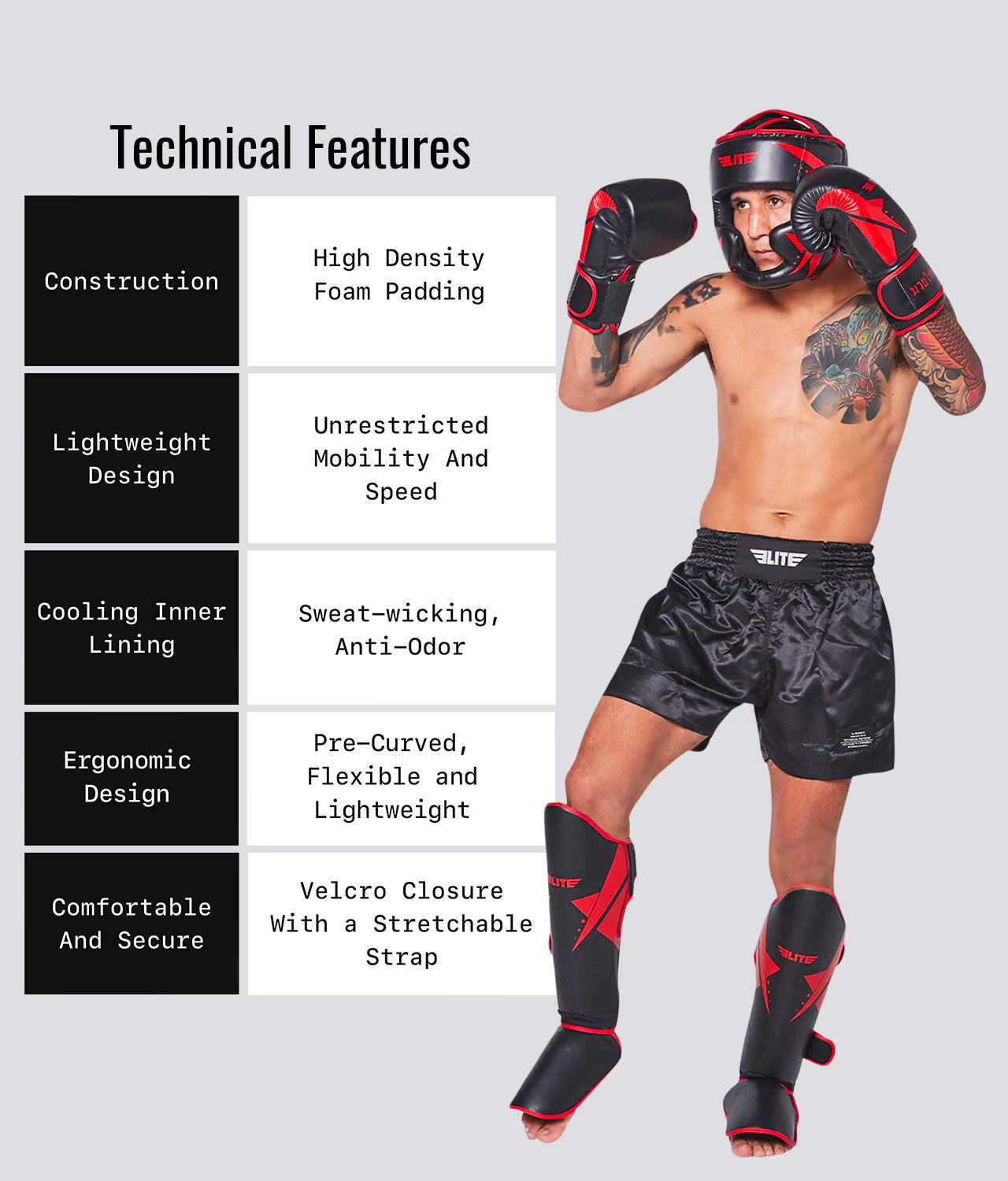 Elite Sports Adults' Star Red Muay Thai Shin Guards Technical Features