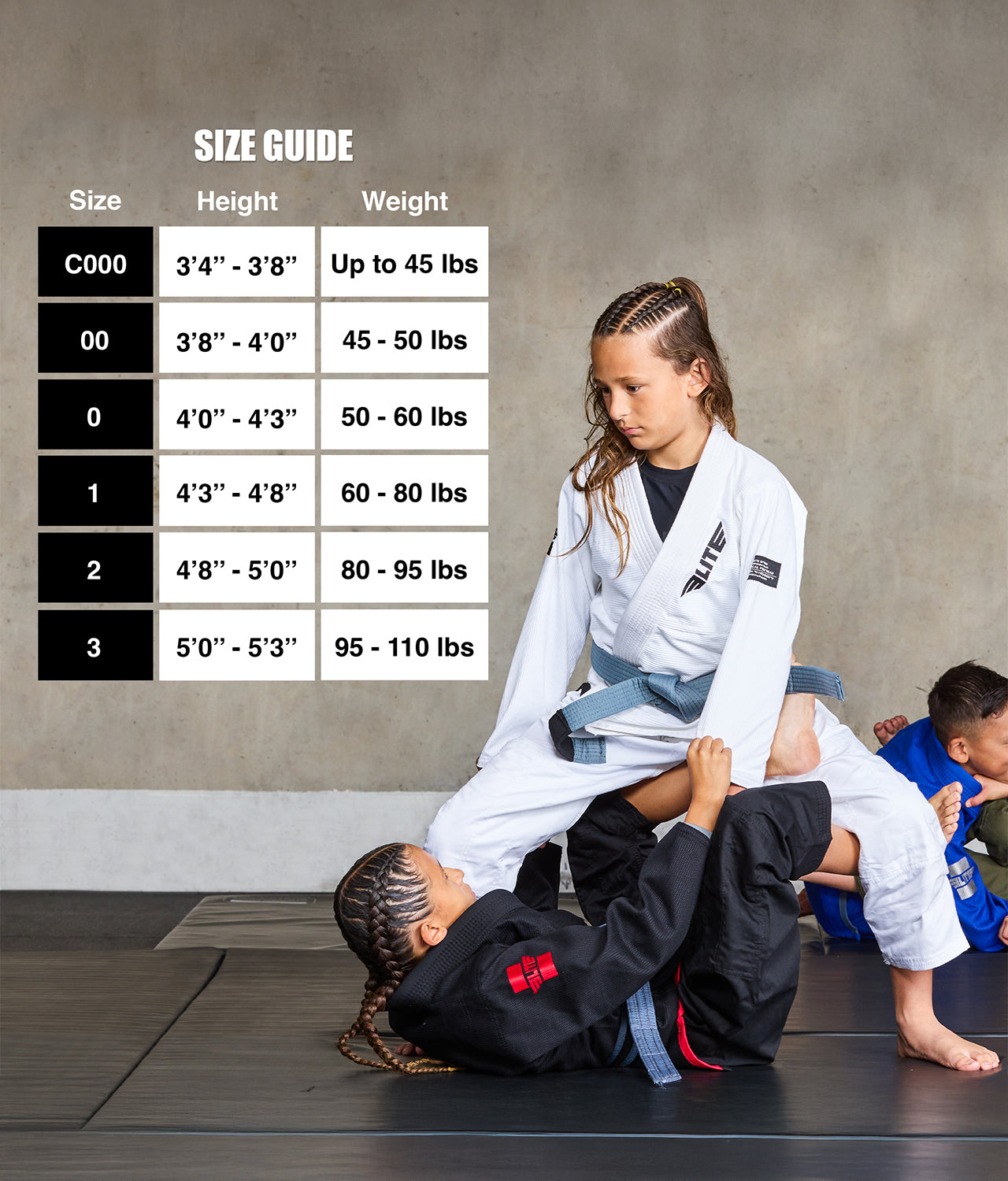elite core white mens jiu jitsu gi size chart