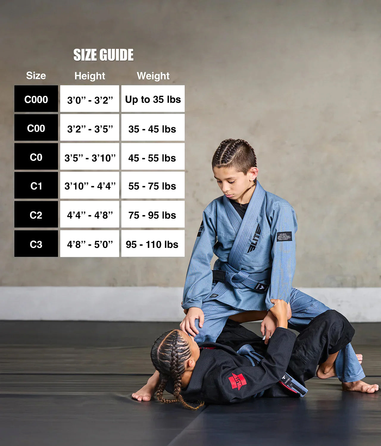 elite core gray girls bjj gi size chart