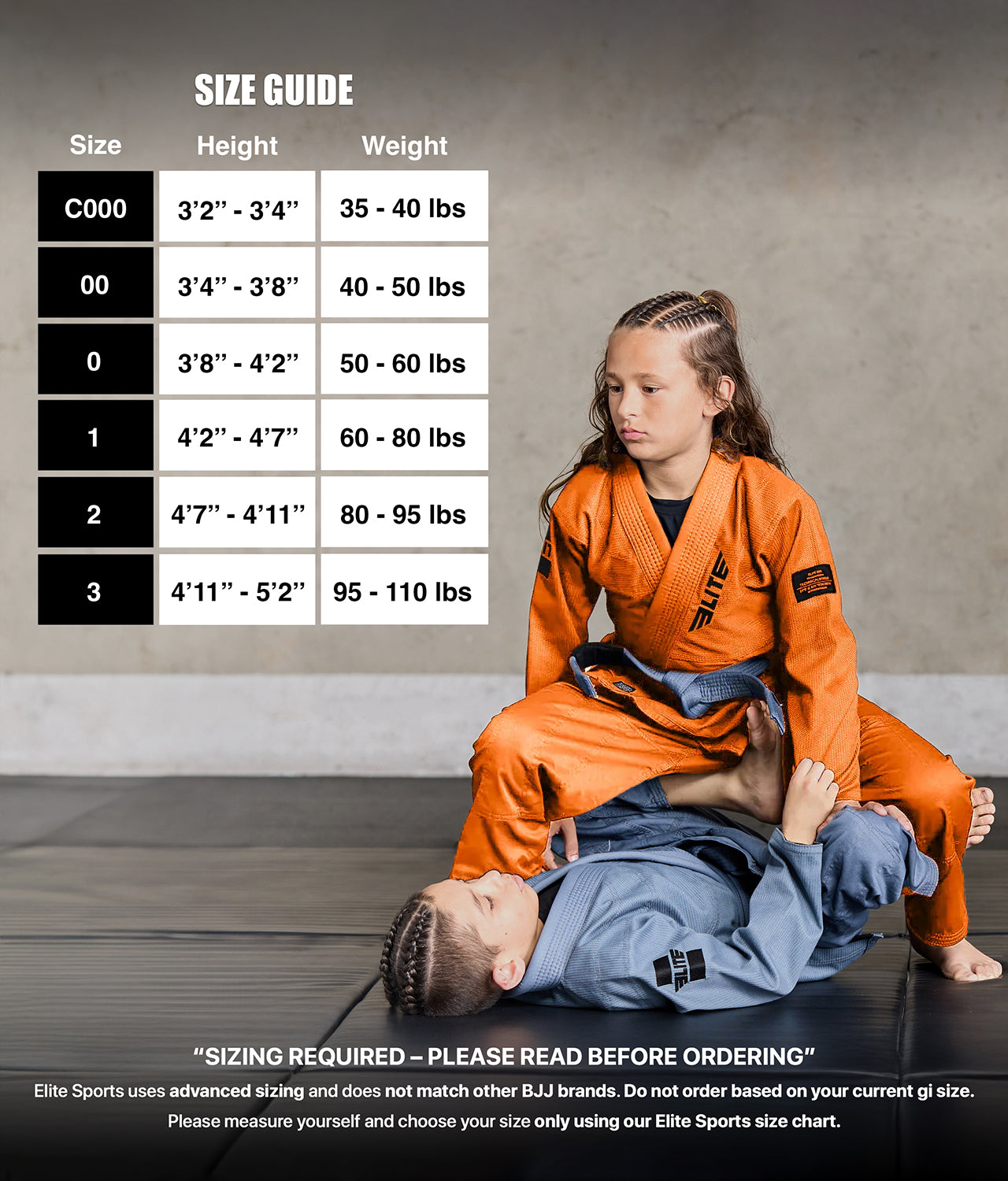 elite core orange girls bjj gi size chart