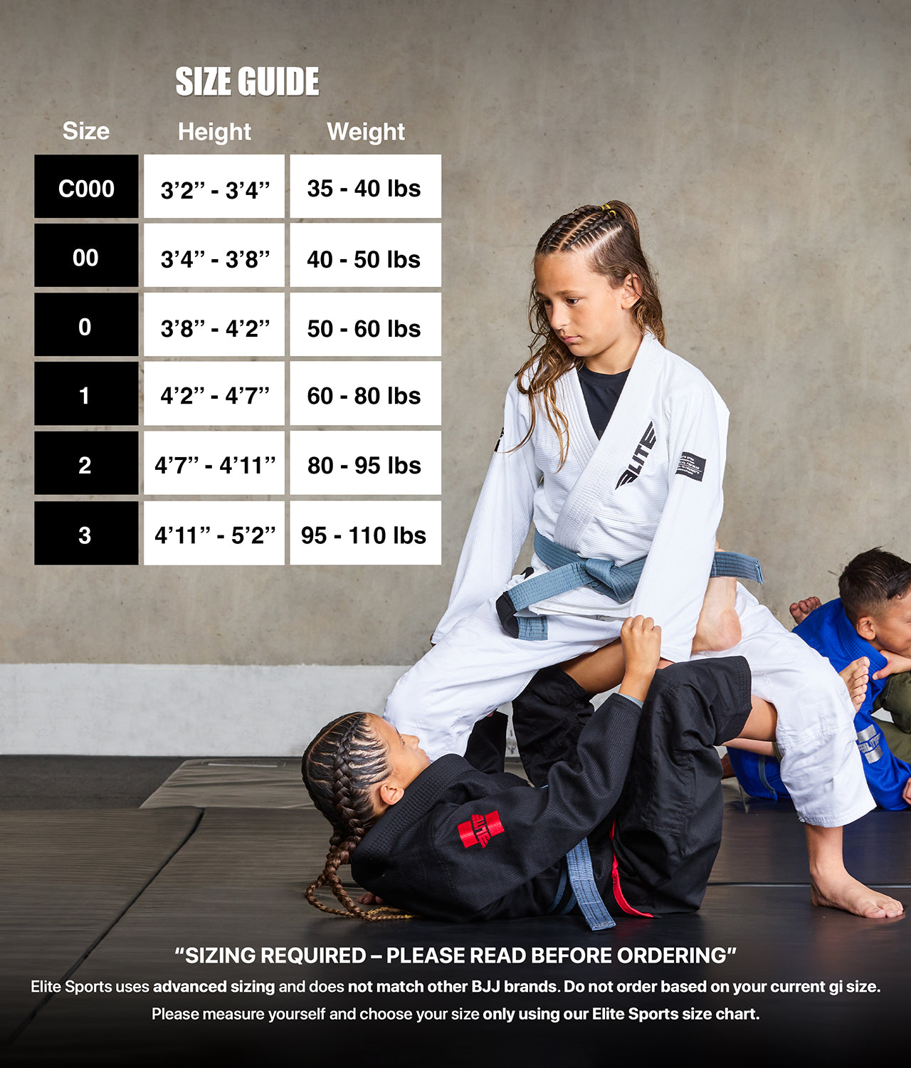 elite core white kids jiu jitsu gi size chart