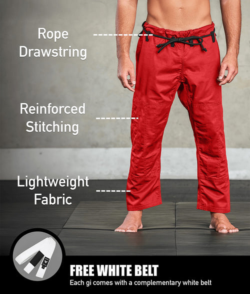 Elite Core Red Mens BJJ Gi w/ Free Belt, Preshrunk Jiu Jitsu Gi