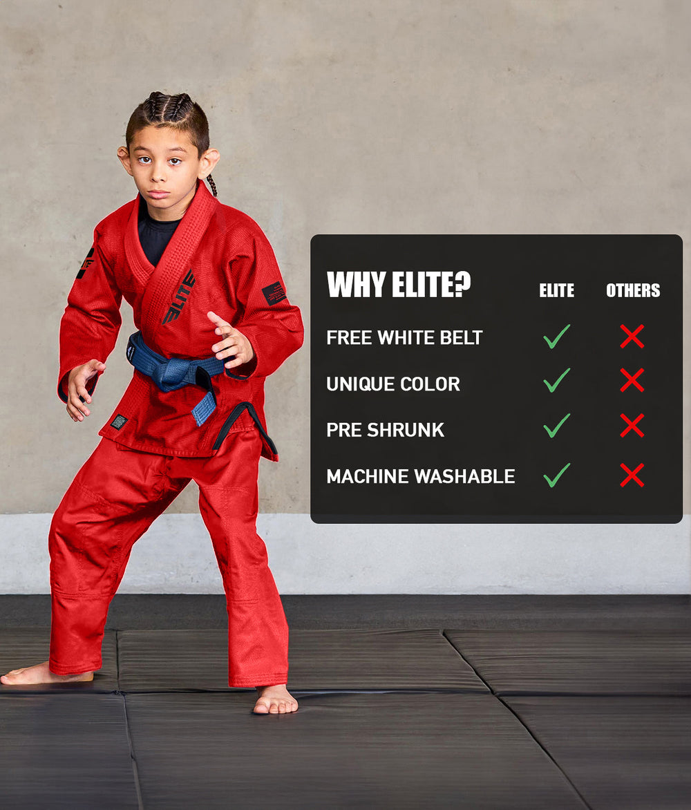 Elite Core Red Kids BJJ Gi w/ Free Belt, Preshrunk Jiu Jitsu Gi