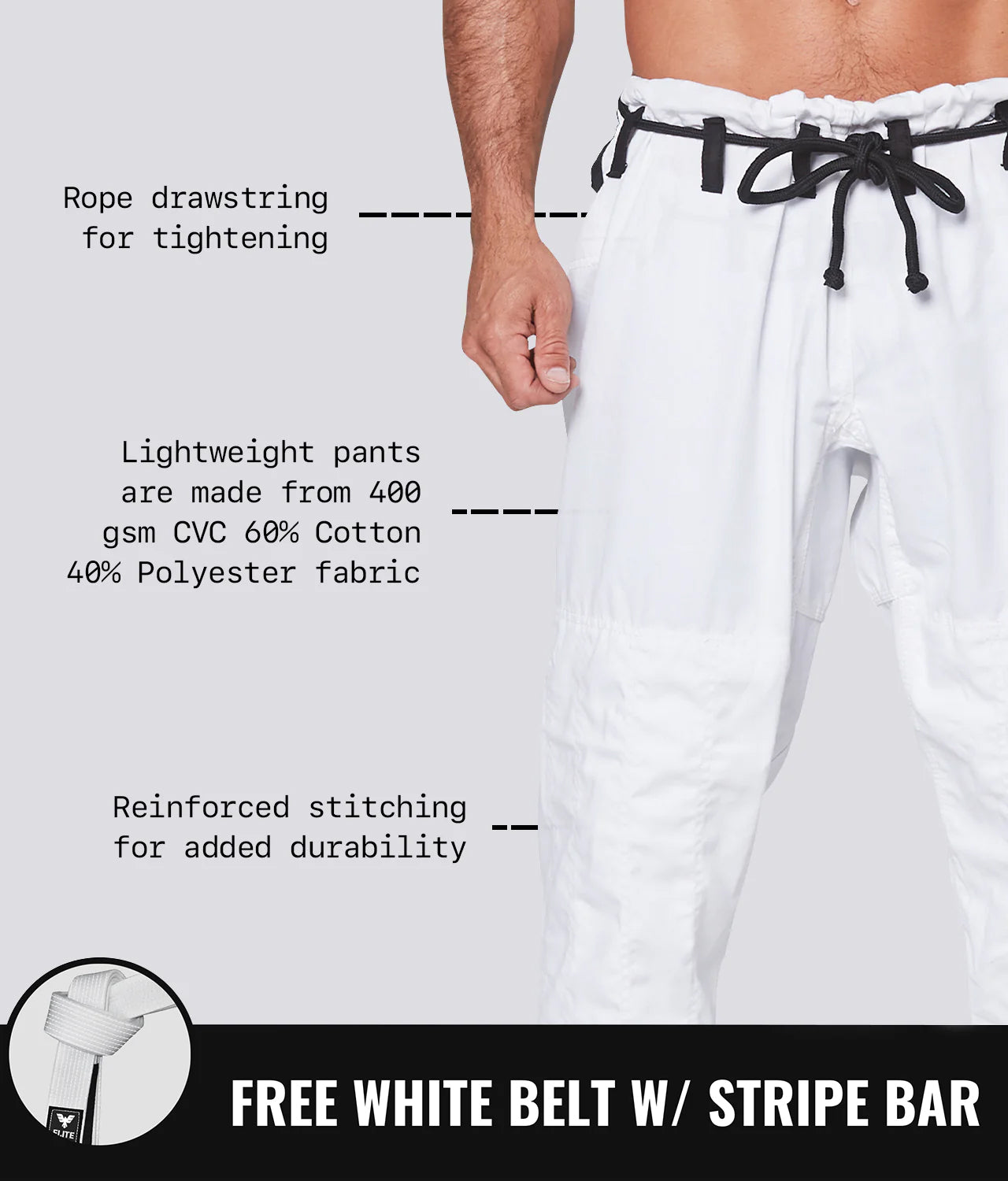 Elite Sports Men's Core White Brazilian Jiu Jitsu BJJ Gi Free White Belt