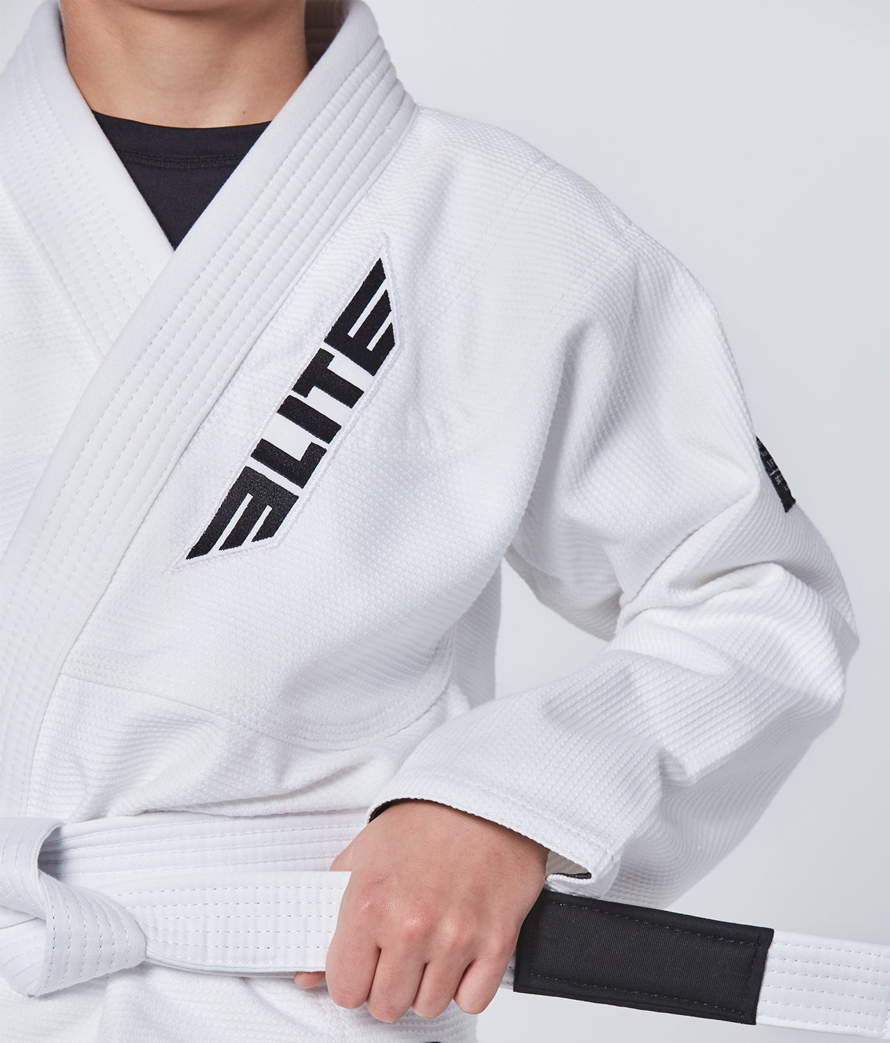 Elite Sports Kids' Core White Brazilian Jiu Jitsu BJJ Gi Closeup View