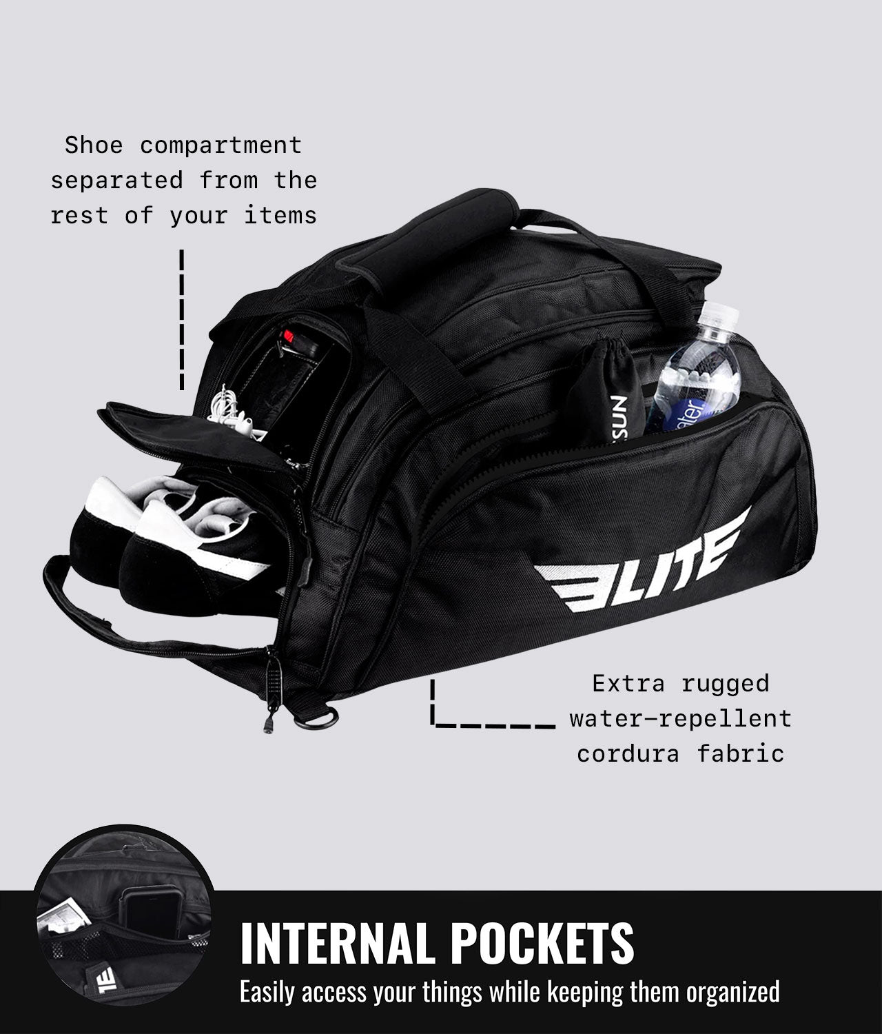 Elite Sports Warrior Black Large Duffel Boxing Gear Gym Bag Internal Pocket
