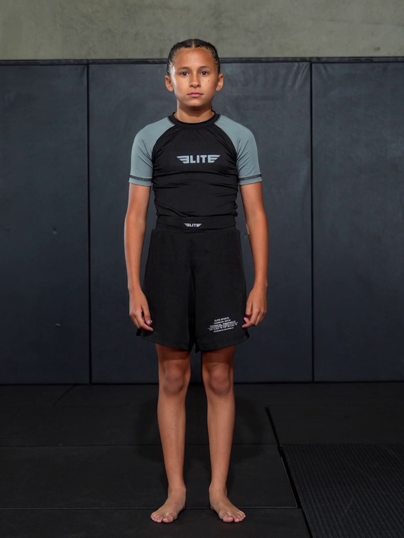 elite sports standard gray black short sleeve nogi kids bjj rash guard demo video