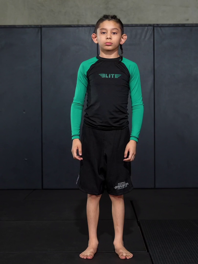 elite sports standard hi viz black long sleeve nogi kids bjj rash guard demo video