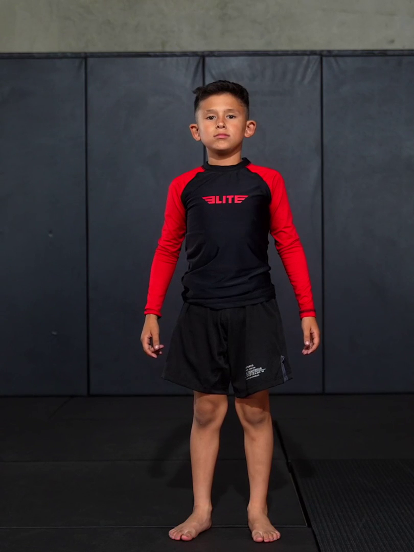 elite sports standard red black long sleeve nogi kids bjj rash guard demo video
