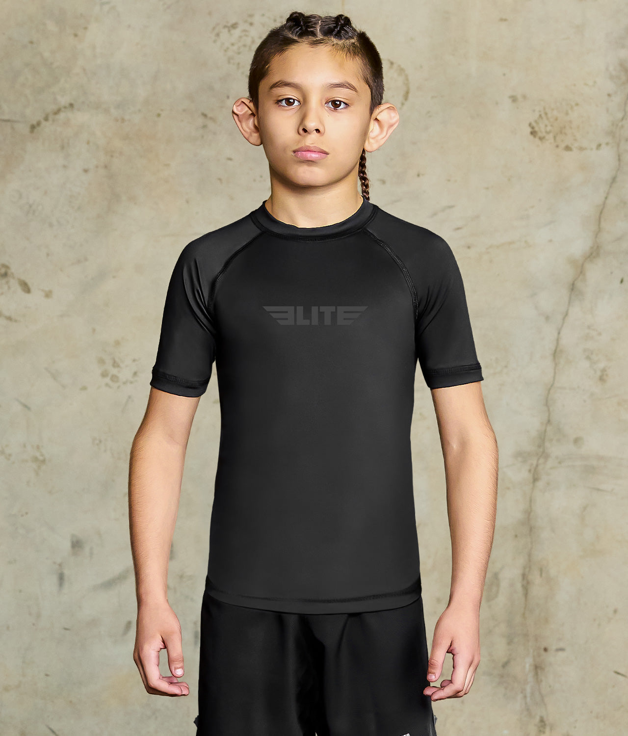 elite sports standard black short sleeve kids mma rash guard
