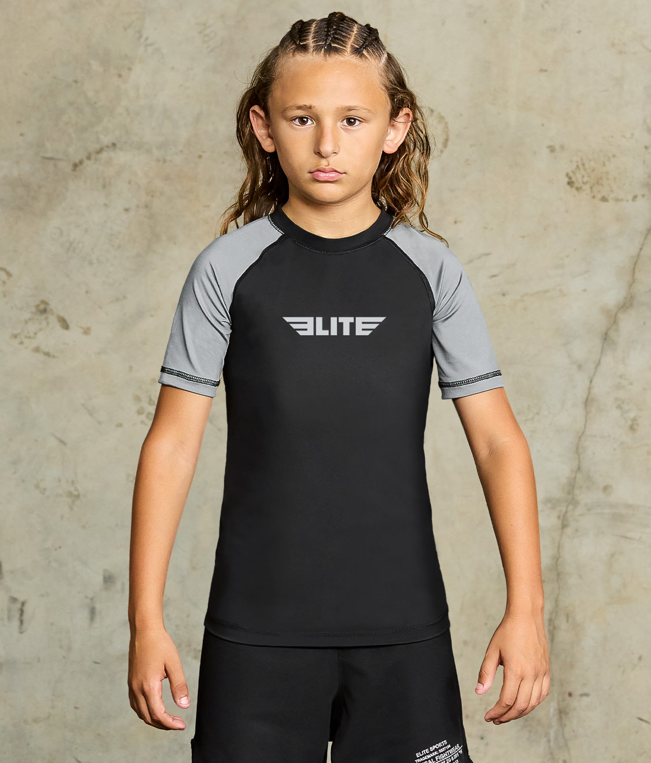 elite sports standard gray short sleeve kids mma rash guard
