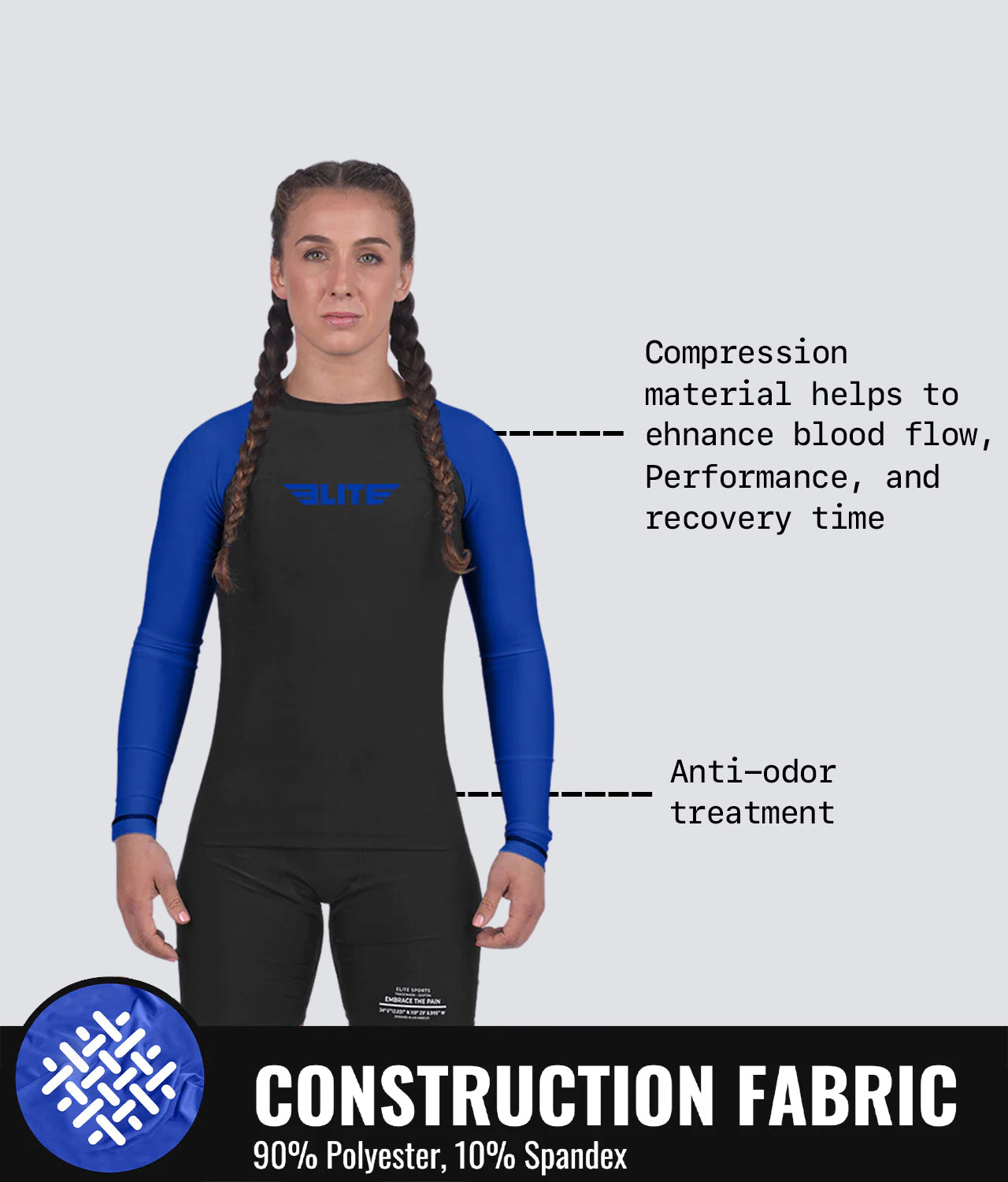 Elite Sports Women's Standard Blue Long Sleeve Jiu Jitsu BJJ Rash Guard Construction Fabric