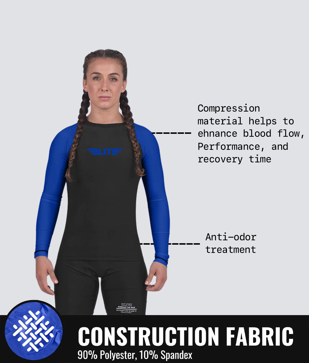 Elite Sports Women's Standard Blue Long Sleeve MMA Rash Guard Technical Features