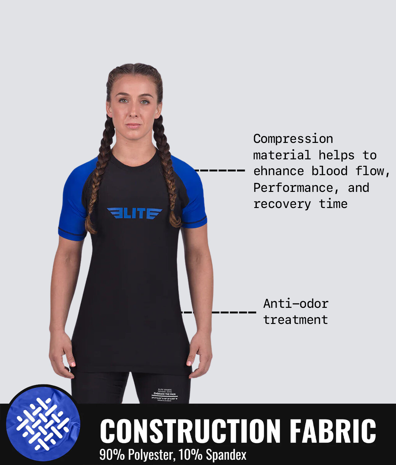 Elite Sports Women's Standard Blue Short Sleeve Jiu Jitsu BJJ Rash Guard Construction Fabric