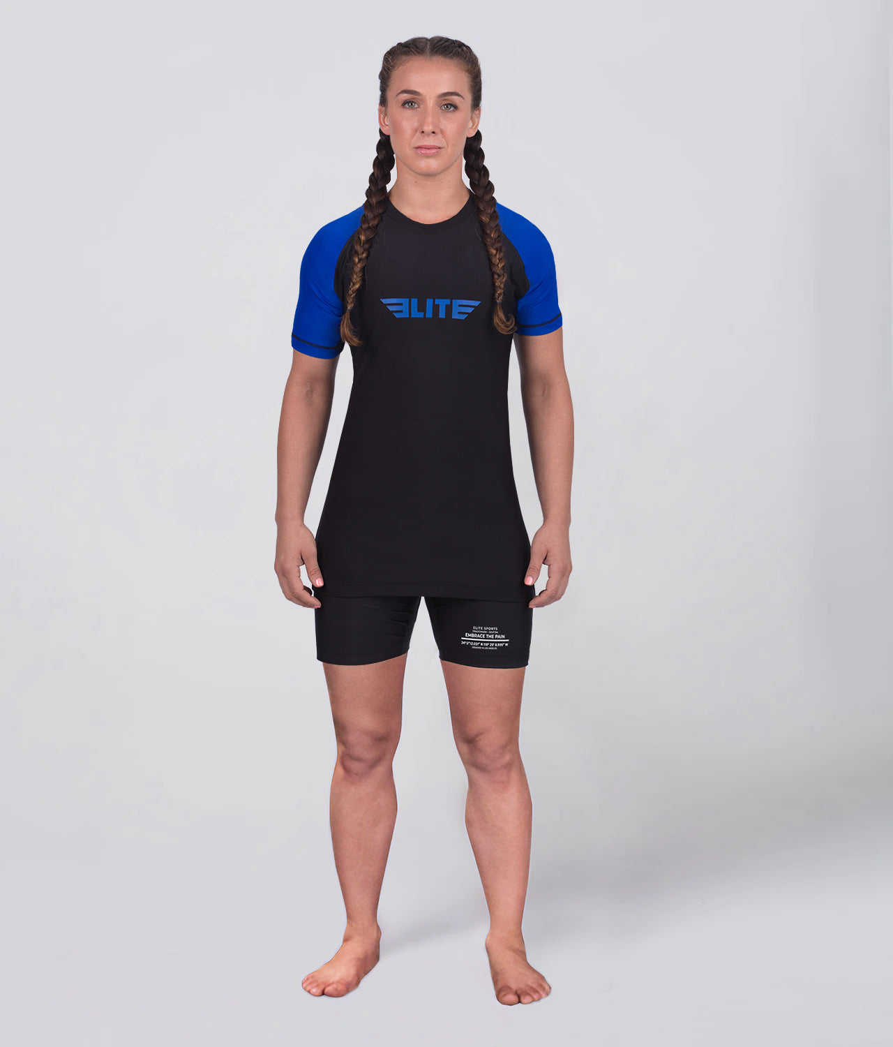 Elite Sports Women's Standard Blue Short Sleeve MMA Rash Guard Full Look