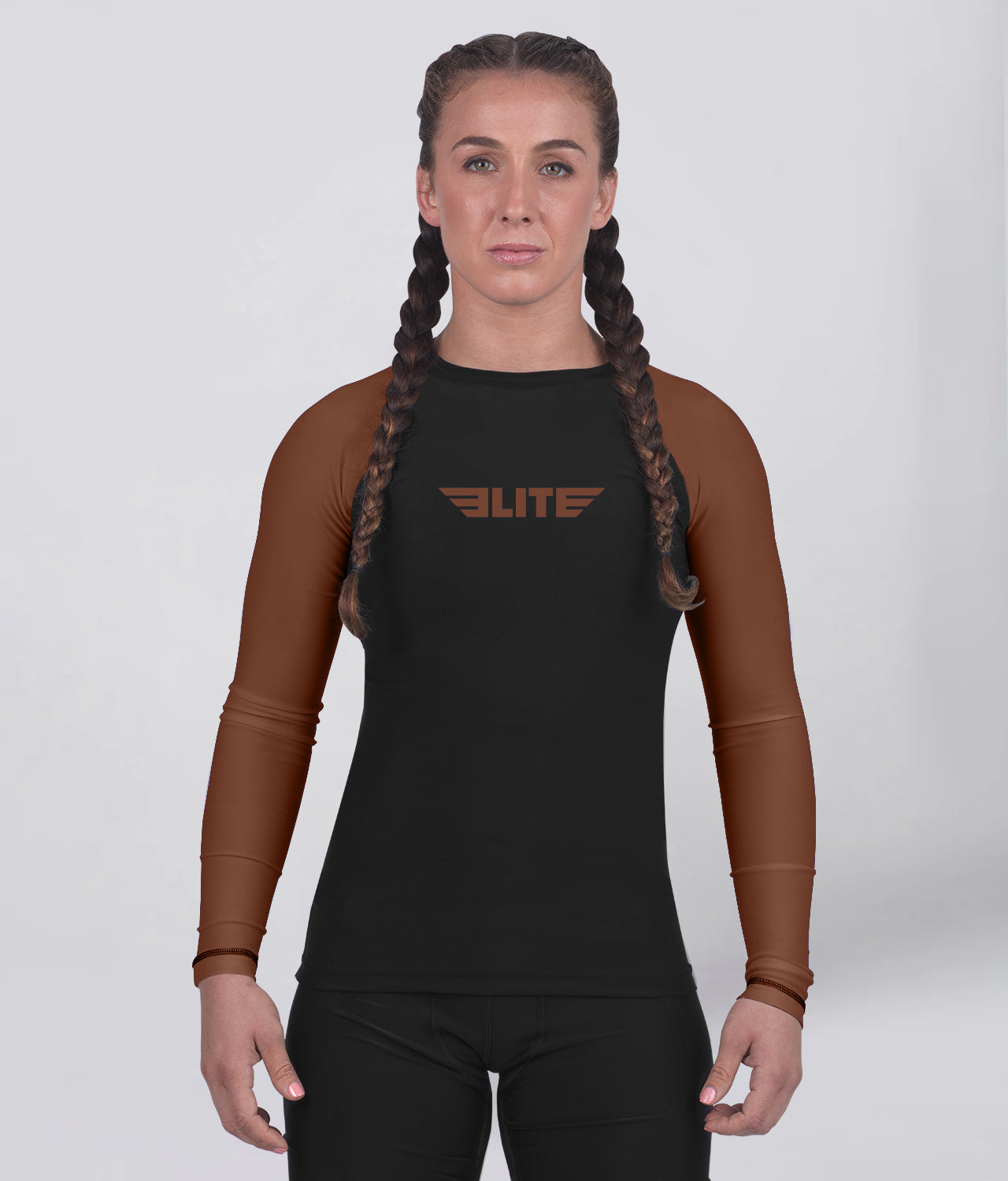 Elite Sports Women's Standard Brown Long Sleeve Jiu Jitsu BJJ Rash Guard Main View