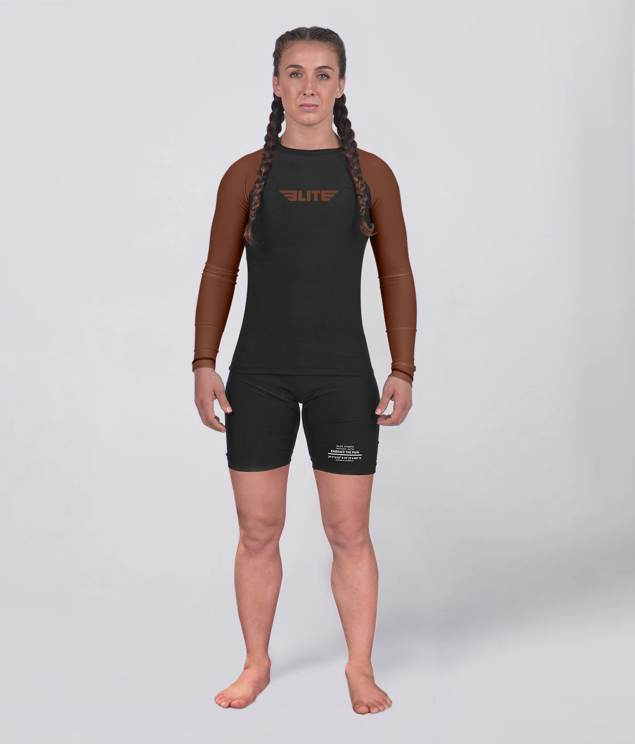 Elite Sports Women's Standard Brown Long Sleeve MMA Rash Guard Full View