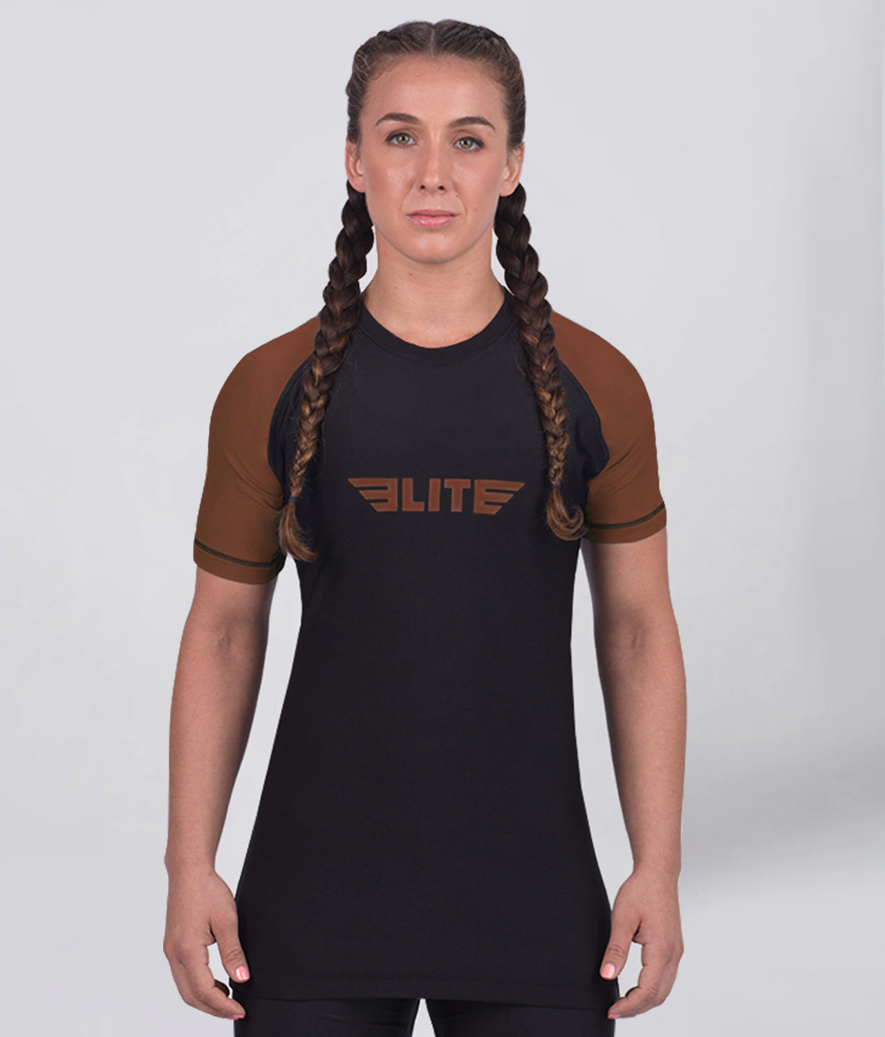 Elite Sports Women's Standard Brown Short Sleeve Jiu Jitsu BJJ Rash Guard Main View