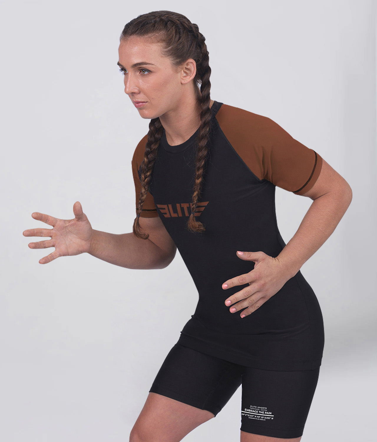 Elite Sports Women's Standard Brown Short Sleeve MMA Rash Guard Action View
