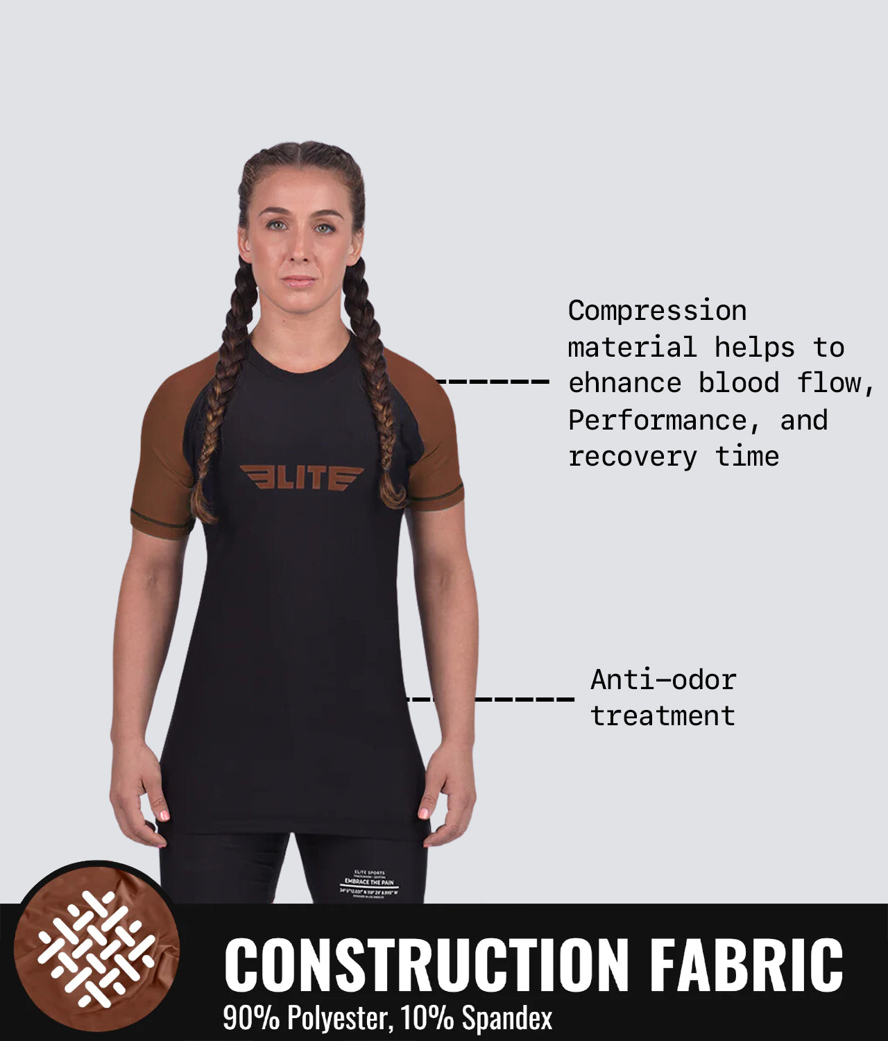 Elite Sports Women's Standard Brown Short Sleeve MMA Rash Guard Construction Fabric